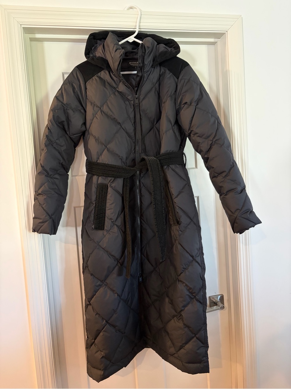 Athleta Long Black Quilted Hooded Puffer Coat with Belt